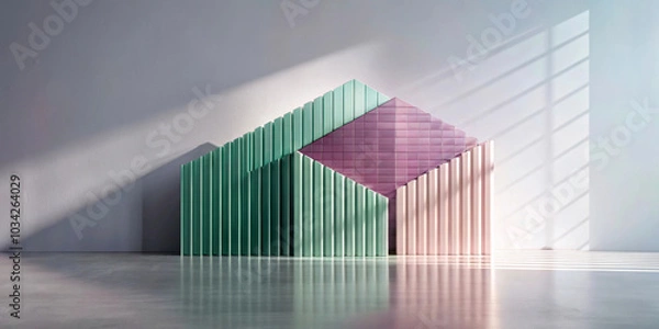 Obraz Geometric shapes in pastel colors create an abstract and modern composition on a smooth surface. Light and shadows play across the forms, enhancing the visual depth and structure.AI generated.