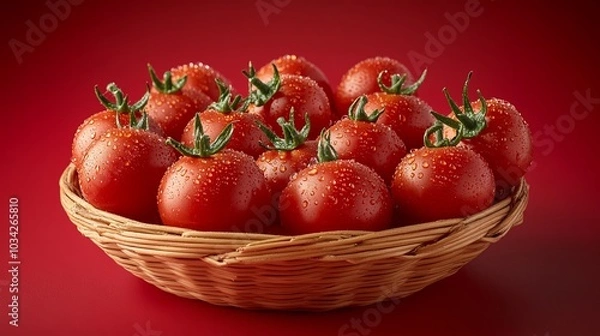 Fototapeta A wicker basket filled with fresh, red tomatoes on a red background.