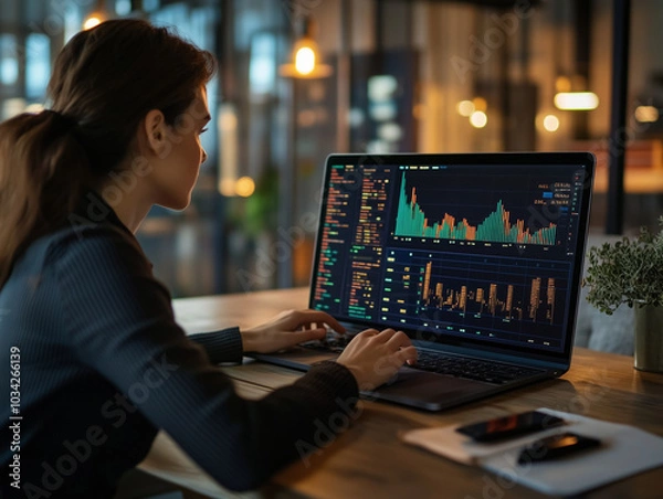 Obraz Young Woman Tracking Stock Prices on Her Laptop at Home. Finance and Remote Work Concept. Image Generated by AI.