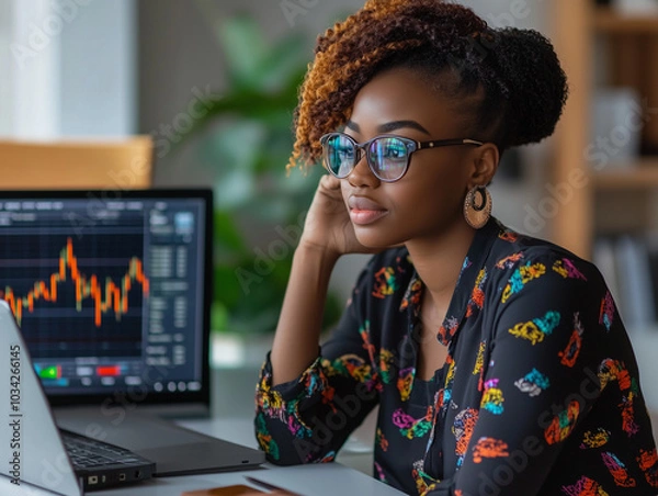 Obraz Black Woman Tracking Stock Prices at Home in a Bright Setting. Finance and Investment Concept. Image Generated by AI.