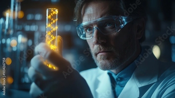 Fototapeta Scientist in lab coat examining glowing test tube in laboratory, focused and determined, showcasing scientific research and innovation.