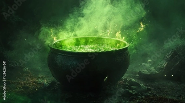 Fototapeta Mysterious Green Mist Emanating from Enchanted Cauldron in Dark Forest Atmosphere