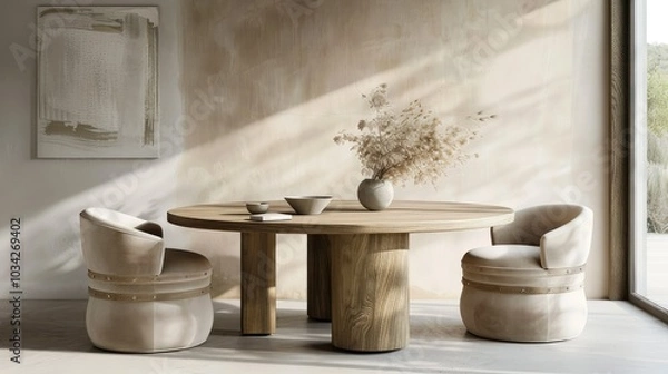 Fototapeta Round wooden dining table and barrel chairs. Scandinavian or mid-century interior design --no text and people, human --chaos 10 --ar 16:9 Job ID: b66cf22c-2aa8-4719-ba6a-301c9f17ec59