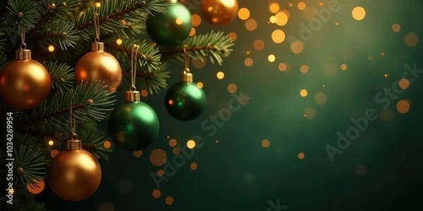 Fototapeta Festive Christmas ornaments hanging from a pine branch, creating a warm and cozy holiday atmosphere with soft bokeh lights in the background.