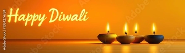 Fototapeta Minimalist Diwali Banner with Glowing Neon Lights and Clay Oil Lamps on Orange Background for Festive Greetings and Celebrations