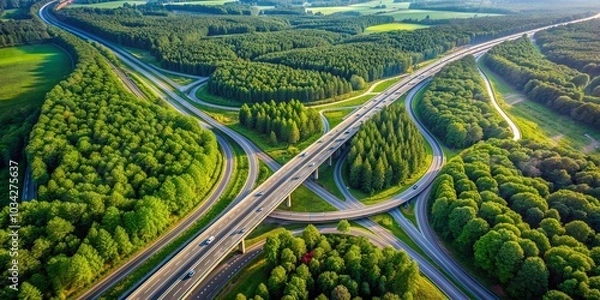 Fototapeta Aerial View of Highway Interchange Surrounded by Lush Greenery