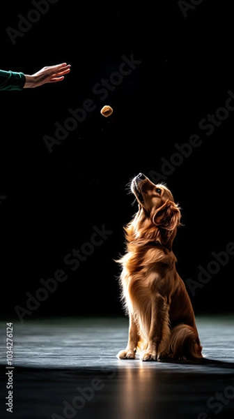 Fototapeta A golden retriever anticipating a treat capturing the joy of playfulness in a dramatic lighting scene with a human hand and a floating biscuit