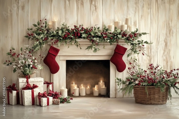 Fototapeta Wallpaper Featuring A Rustic Fireplace Decorated With Stockings And Natural Garlands, With Flickering Candlelight And A Basket Of Wrapped Gifts Nearby, Creating A Warm Holiday Atmosphere.