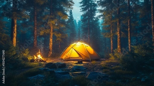 Fototapeta A tent is set up in the middle of a forest at night., A tent is set up in the middle of a forest at night