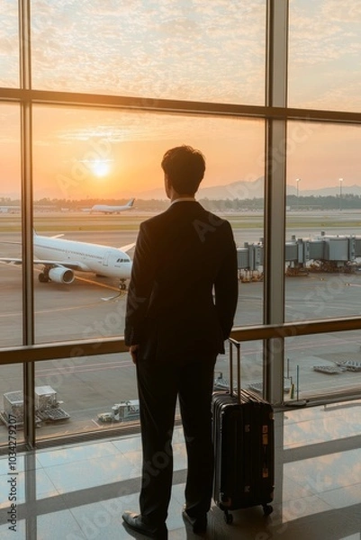 Fototapeta Silhouetted Business Traveler at Airport Window Watching Sunset, Contemplating Journey with Airplanes on Runway - Travel Concept