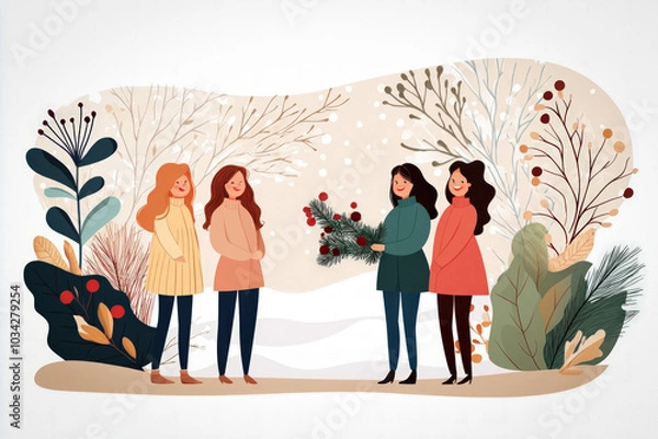Fototapeta Winter Gathering Where Friends Stand Beneath A Mistletoe, Exchanging Smiles And Laughter, With A Snowy Outdoor Scene Visible Through The Window