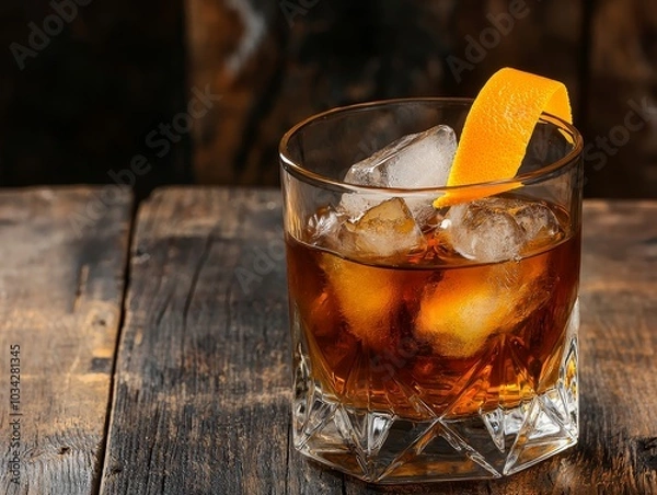 Fototapeta Luxurious Whiskey on the Rocks with Orange Peel Garnish, Closeup on Wooden Surface - Sophisticated Spirits and Cocktail Concept
