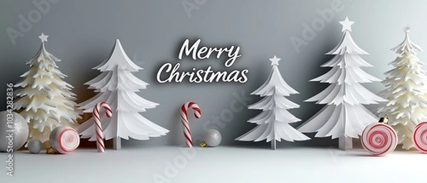 Obraz A festive arrangement featuring white Christmas trees and decorations, with a "Merry Christmas" greeting and a candy cane.