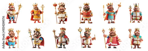 Fototapeta Brave king with crown and scepter posing, 3D cartoon illustration, isolated on transparent background, cute animated style, beautiful colors, Generative ai