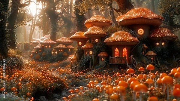Fototapeta Enchanted Mushroom Village in a Dreamlike Forest