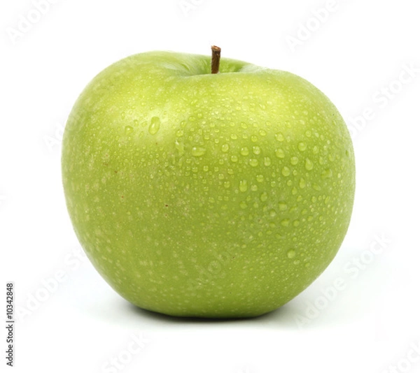 Fototapeta Isolated macro of a green apple with water beads