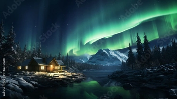 Fototapeta The aurora borealis illuminating the sky above a remote lodge