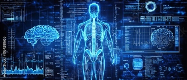 Obraz Medical history being entered into a sleek digital record system patient data displayed on a bright screen doctor reviewing past diagnoses with detailed graphs and charts futuristic medical tech