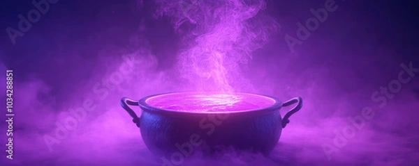 Fototapeta Wicked cartoon witch's cauldron bubbling with vibrant smoke, enchanting purple backdrop, whimsical and mystical atmosphere