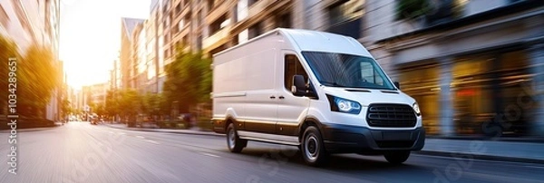Fototapeta white delivery van driving through city at high speed