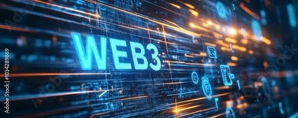 Fototapeta "WEB3" in neon blue on digital background.