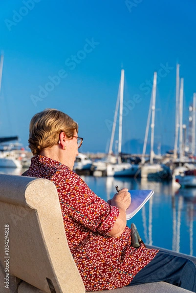 Fototapeta An older woman writing in a notebook, sitting on a bench near the sea. 