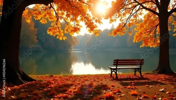Fototapeta autumn park featuring a lake surrounded by trees with bright yellow and orange leaves, soft sunlight illuminating the scene, a wooden bench by the water's edge, fallen leaves carpeting the ground,