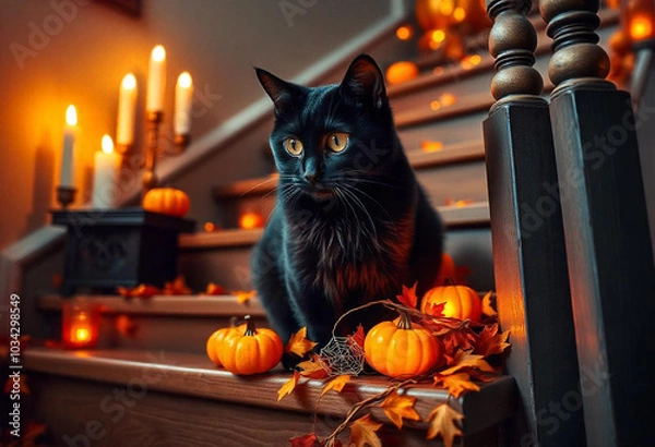 Obraz cat with Halloween decorations,created with Generative AI technology