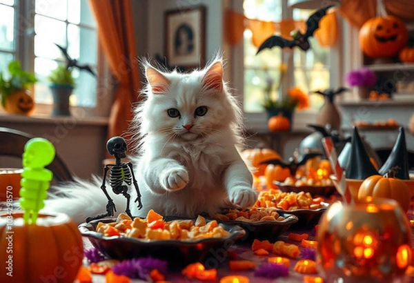 Obraz cat with Halloween decorations,created with Generative AI technology