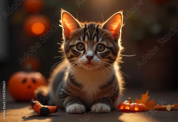 Obraz cat with Halloween decorations,created with Generative AI technology