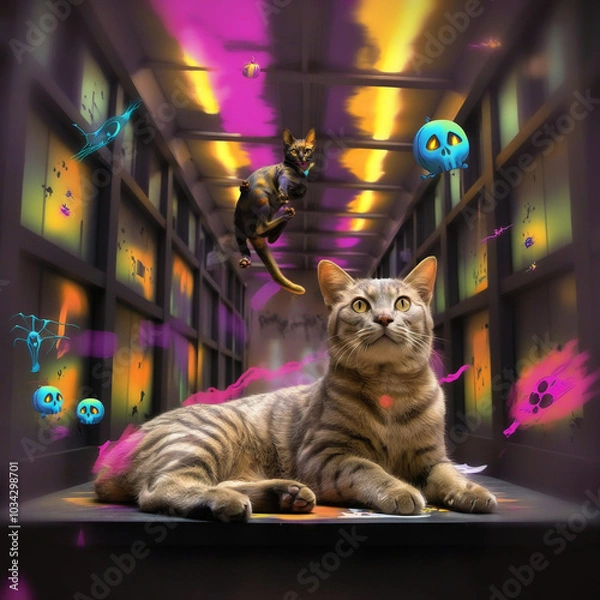 Obraz cat with Halloween decorations,created with Generative AI technology
