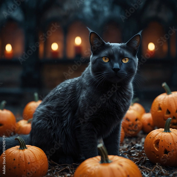 Obraz cat with Halloween decorations,created with Generative AI technology