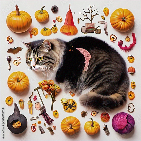 Obraz cat with Halloween decorations,created with Generative AI technology