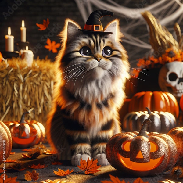 Obraz cat with Halloween decorations,created with Generative AI technology