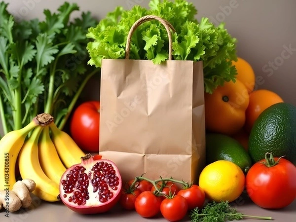 Fototapeta Variety of fresh fruits and vegetables arranged around a brown paper grocery bag. Items include bananas, a pomegranate, tomatoes, a lemon, an orange, ginger, potatoes, garlic, lettuce, and an avocado