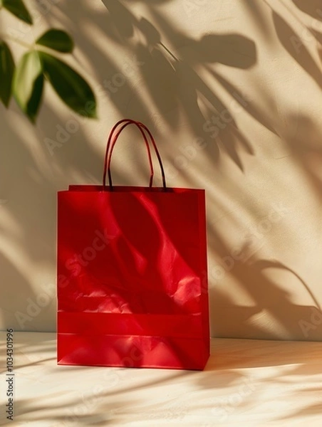 Fototapeta Light Red Shopping Bag on a light Background with Sunlight and Shadows