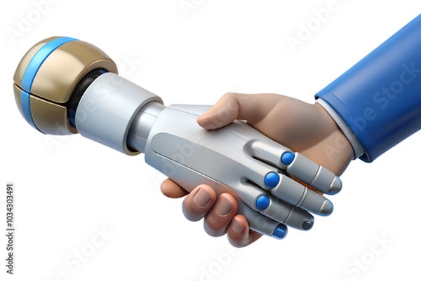 Fototapeta Human and robotic hands shaking in agreement 3d rendered illustration	
