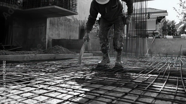 Obraz A construction worker leveling concrete on a rebar framework at a building site.