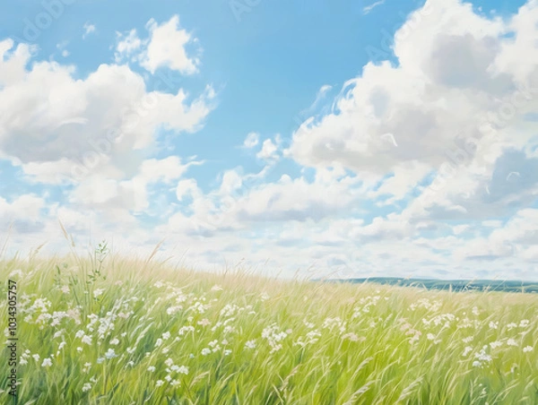 Fototapeta Summer Meadow Landscape with Blue Sky and White Clouds
