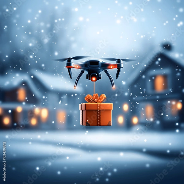 Obraz Drone delivering christmas present festive background with snow warm lights