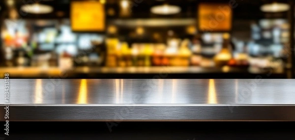 Fototapeta Stainless steel counter with a blurred kitchen background, focusing on clean design and minimalist cooking space, modern culinary environment