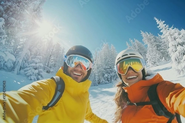 Obraz Joyful Selfie of Friends Enjoying a Sunny Winter Ski Adventure in the Snowy Mountains