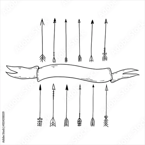 Obraz a set of different doodle arrows with ribbon. sketches of bow arrows