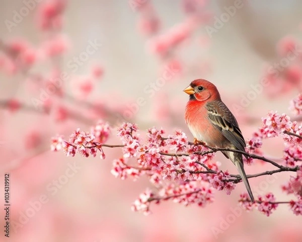 Fototapeta A finch perched on a branch covered with tiny pink blossoms the background softly blurred to focus on the bird's detail