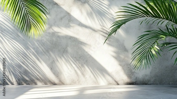 Fototapeta Palm leaves cast shadows on a wall, creating a realistic tropical effect with summer sunligh