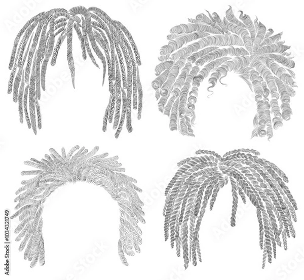 Obraz set of  different afro  hairstyle.
dreadlocks cornrows round disheveled curly hairs .
 fashion beauty african style . fringe  pencil drawing sketch .