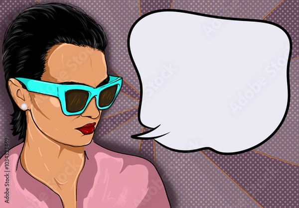 Fototapeta Girl in sunglasses with red lips comics cartoon style with speech cloud