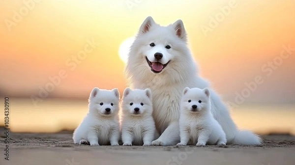 Fototapeta A joyful Samoyed stands on the soft sand with her three adorable puppies, enjoying the warm sunset glow and the sound of gentle ocean waves nearby.