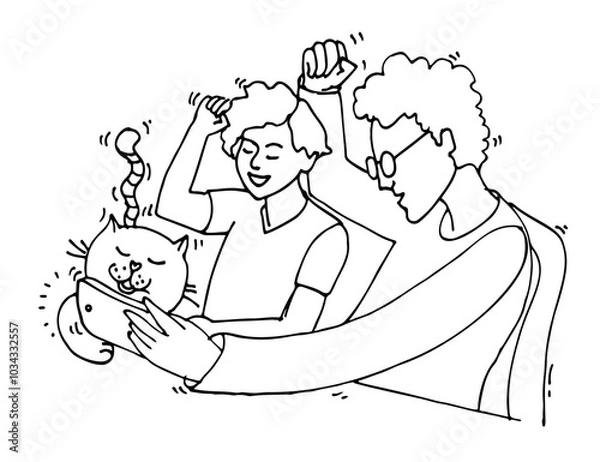 Fototapeta Emotions moment. Happy people communication with  phone. Communicates in a video meeting. Online with friends. Social networks. Technologies. Hand drawn vector illustration

