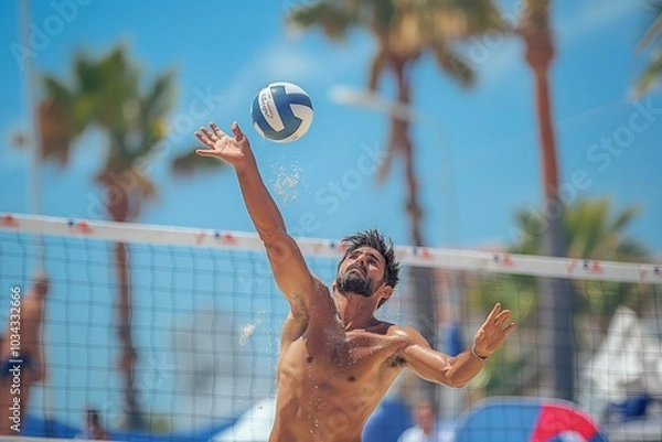 Fototapeta Volleyball, net with sports and fitness, blue sky and people outdoor playing game with training and summer. Exercise, athlete and competition, match with ball and active, workout and team tournament